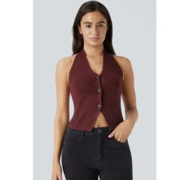 Halara Vest Burgundy Sweater Knit Button Up Halter Neck Top Size Large 12-14 - Picture 2 of 11